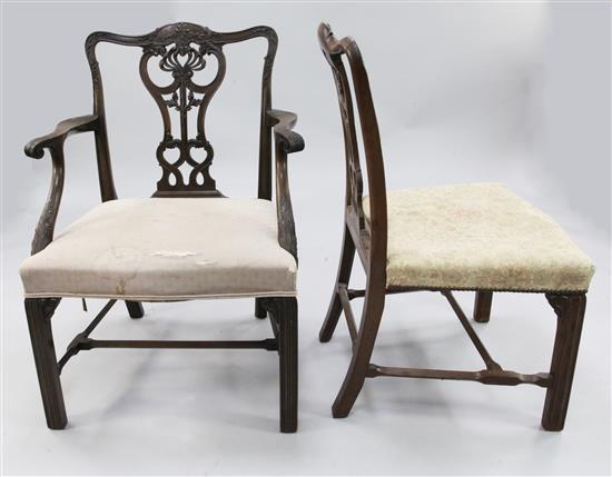 A set of eight mahogany Chippendale style dining chairs,